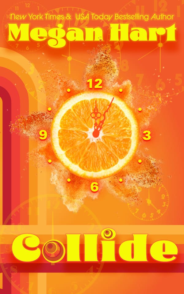 an orange with a clock on it on a vibrant retro orange, red and yellow background